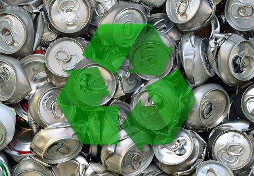 A close-up view of a large pile of crushed aluminium beverage cans, primarily silver in color with some red and green markings, overlapping and stacked in a disorderly manner on a flat surface. The cans have smooth, reflective metallic surfaces with visible pull-tabs and indentations from crushing. A semi-transparent green recycling symbol overlays the cans, emphasizing waste segregation. The background shows more cans extending out of focus, highlighting the volume of scrap metal likely awaiting collection or disposal, typical of materials handled during commercial waste removal services in Victoria. The scene is well-lit, with natural light reflecting off the metallic surfaces, illustrating the typical visual context of recycling or waste processing sites managed by companies like Commercial Waste Removal Victoria, specialising in rubbish clearance from industrial or commercial premises.